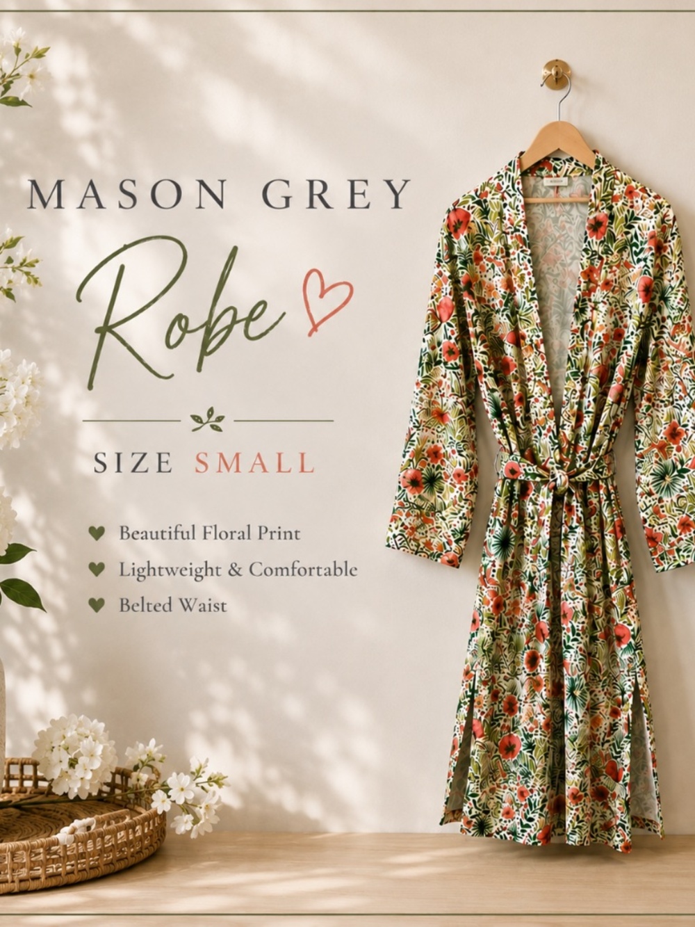 Mason Grey Floral Long banded robe small
